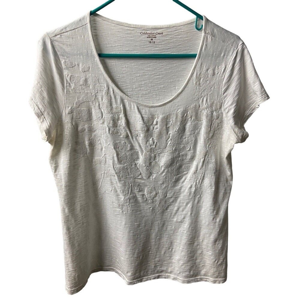 Coldwater Creek T-shirt Medium 10-12 WhiteBeaded Short Sleeved Lined Scoop Neck